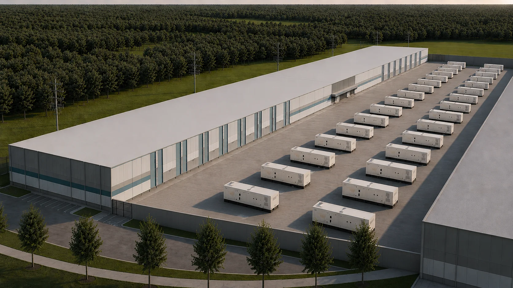 Elevated rendering of a Luther Horizon Technology Park data center building and generator yard with sound attenuation walls, landscaped edges, and dense tree cover surrounding the campus